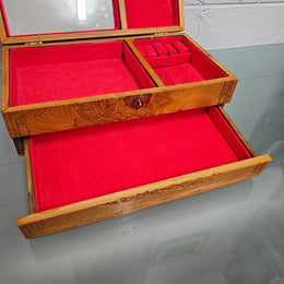 Vintage Chinese Maple Jewellery Box With Hand Carvings