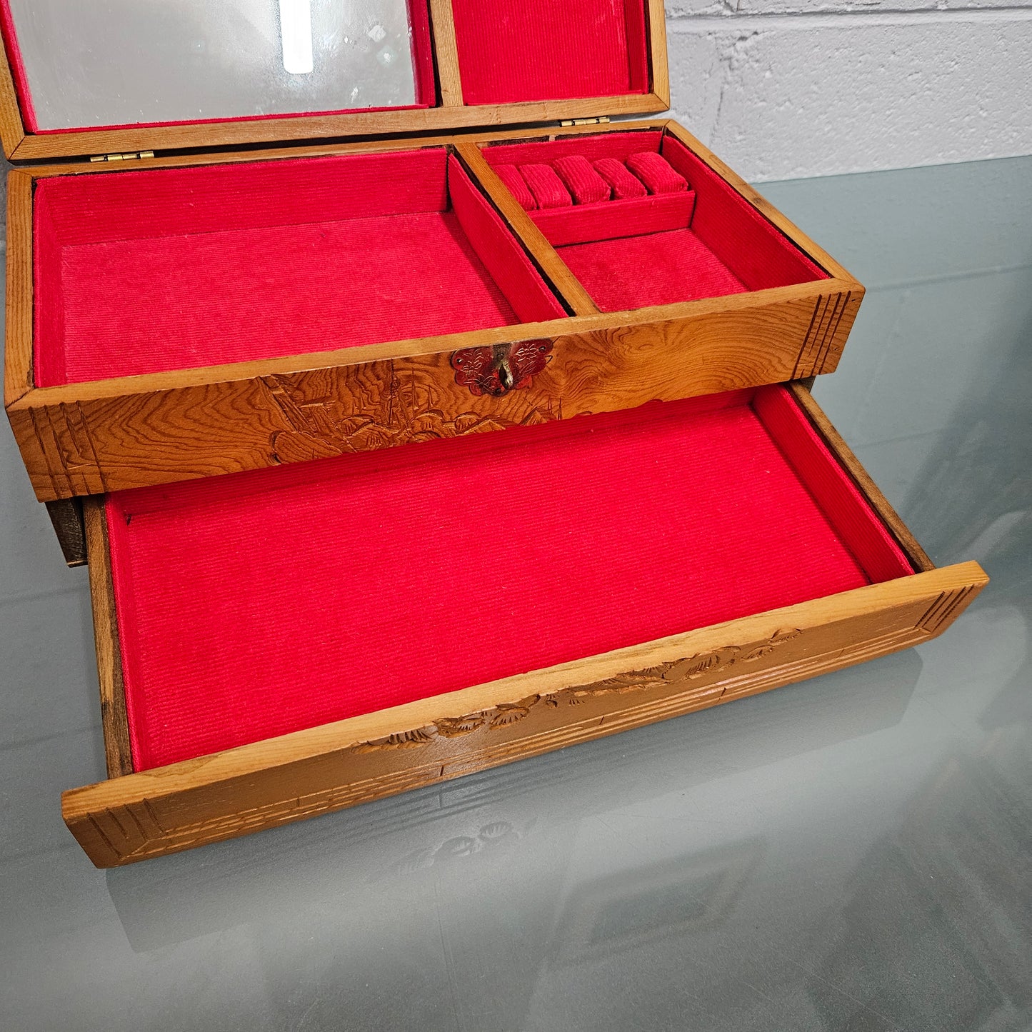 Vintage Chinese Maple Jewellery Box With Hand Carvings