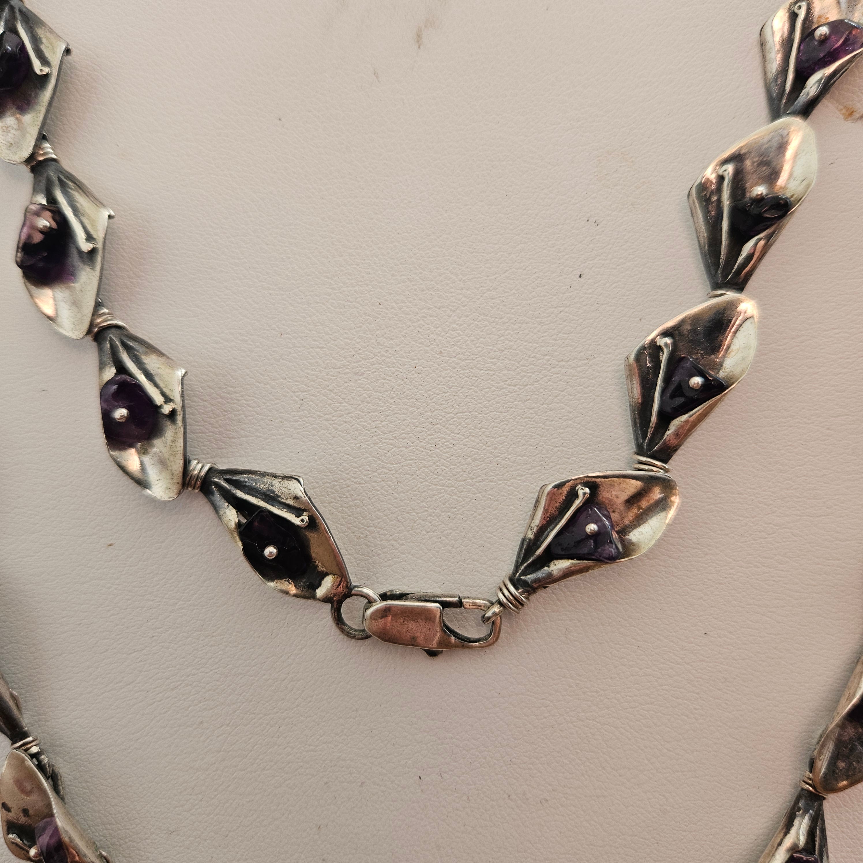 Vintage Sterling Silver Leaf Link And Amethyst Necklace