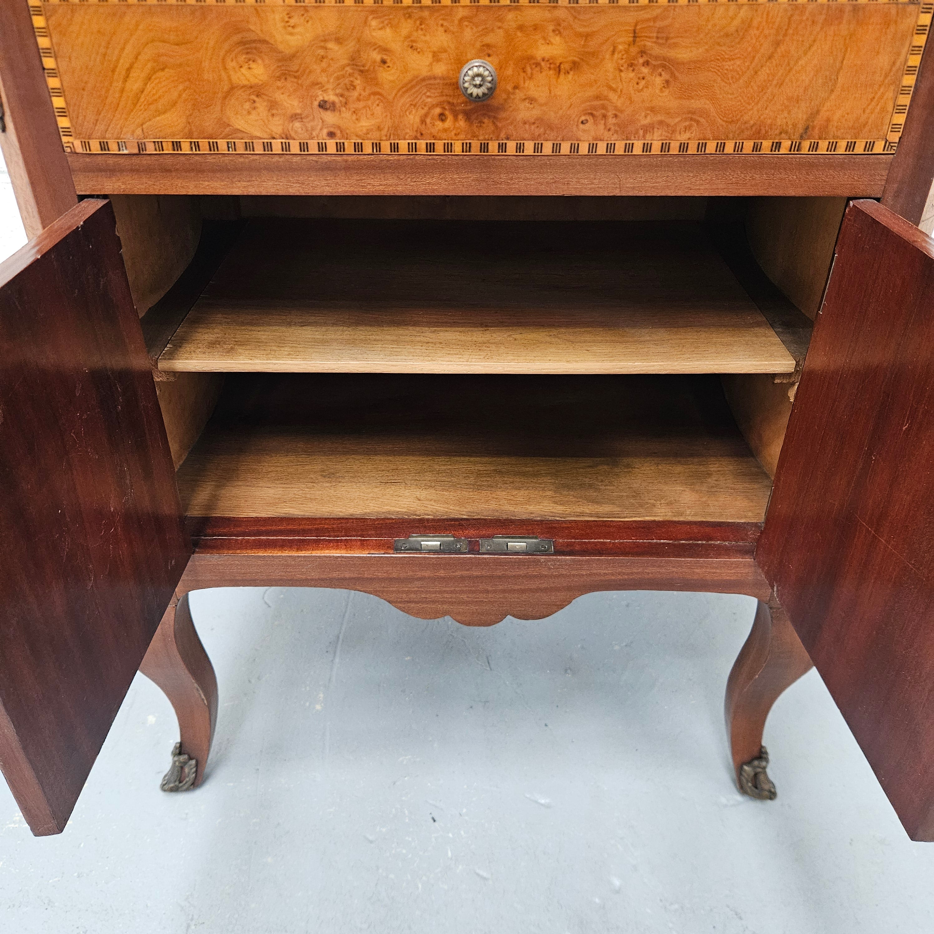 French Burr Walnut & Walnut Marble Top Side Cabinet | Antique & Vintage | Moonee Ponds Antiques | Australia Wide