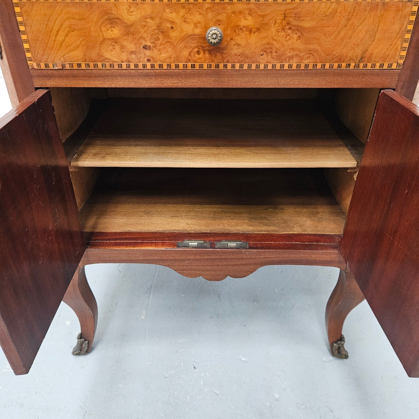 French Burr Walnut & Walnut Marble Top Side Cabinet