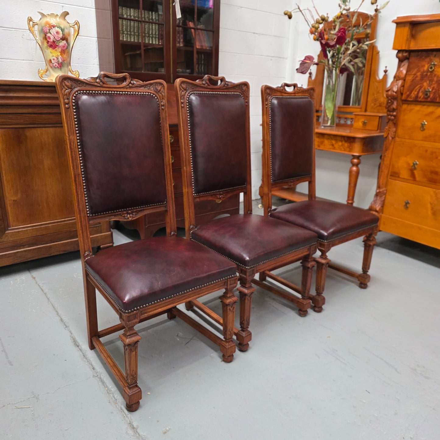 Set of Six Art Nouveau Style Faux Leather Dining Chairs