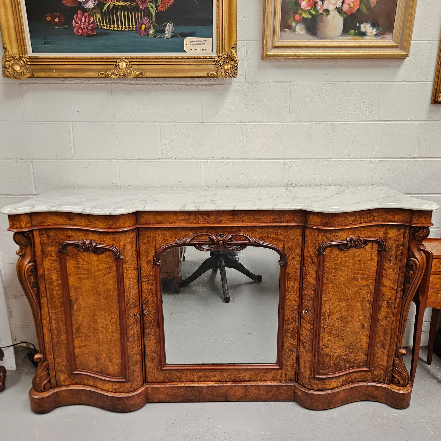 Elegant Figured Walnut Crendza With Marble Top