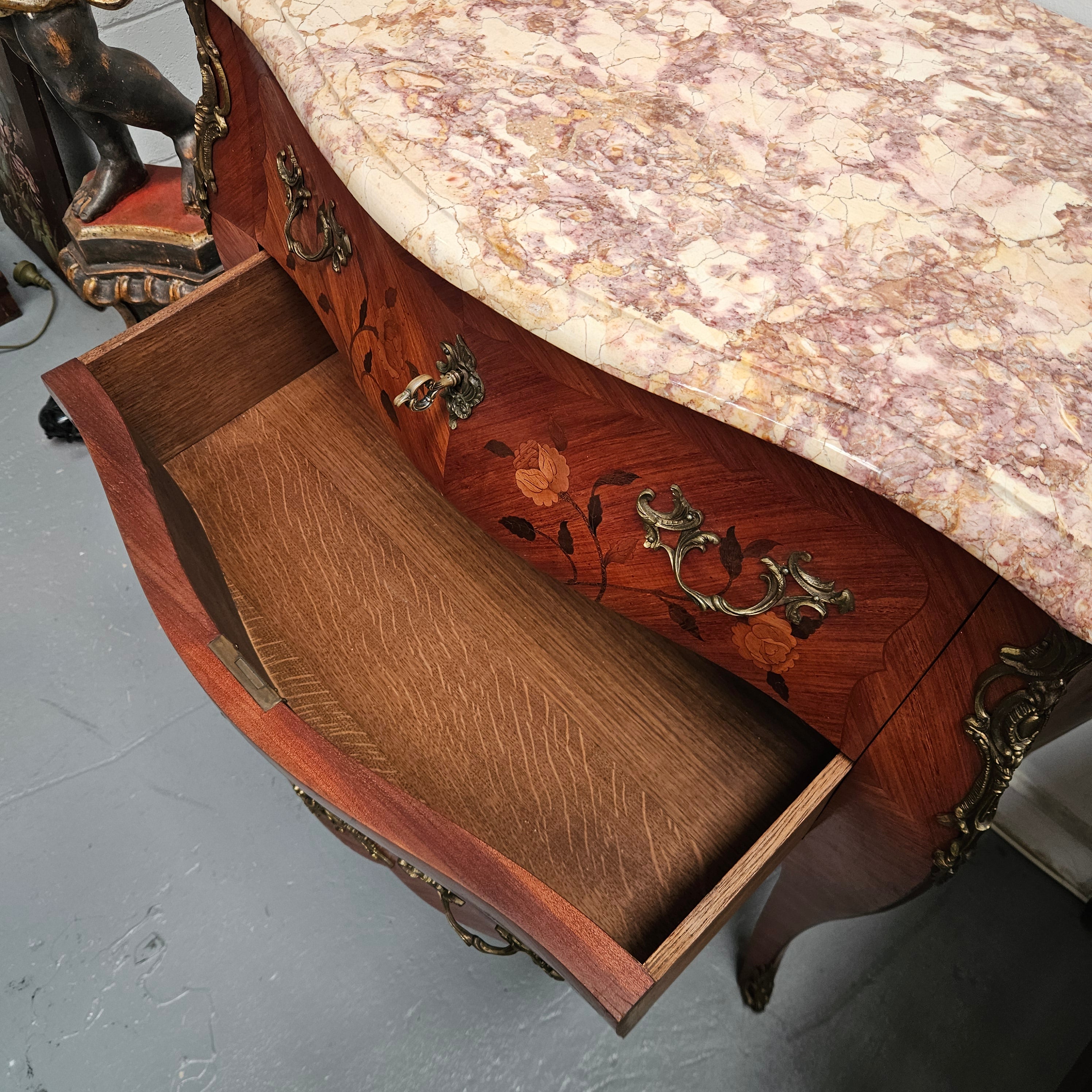 Louis 15th Style Medium Size Marquetry Inlay Marble Top Commode. | Antique & Vintage | Moonee Ponds Antiques | Australia Wide Delivery
