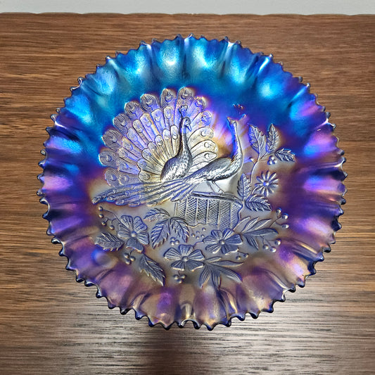 Superb Electric Blue Carnival Glass Bowl Northwood Peacocks