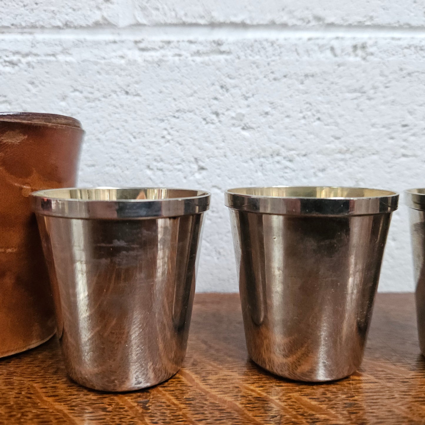 Antique Set Of Stirrup Cups In Leather Case