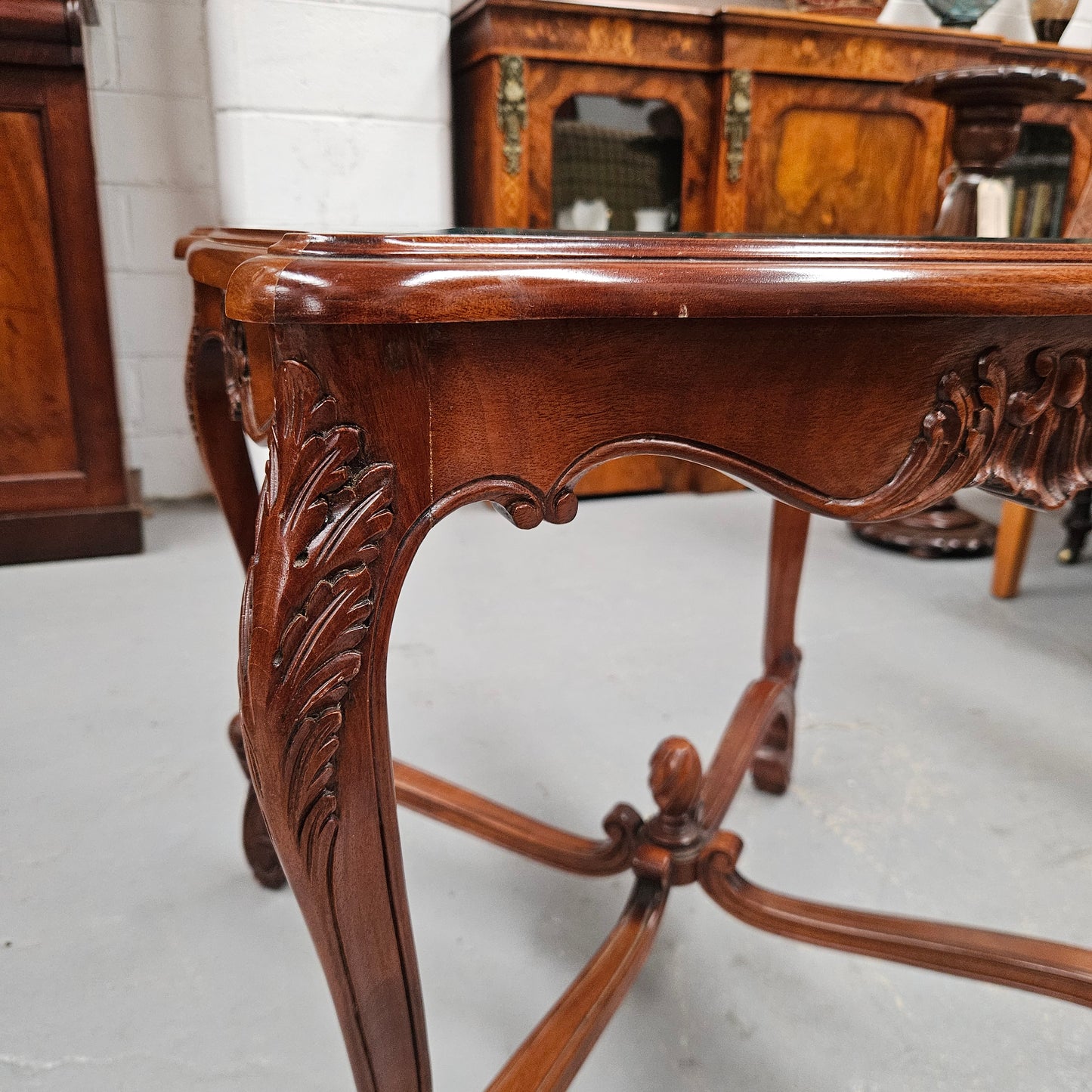 Vintage Mahogany Glass Top Coffee / Side Table Rococo Style