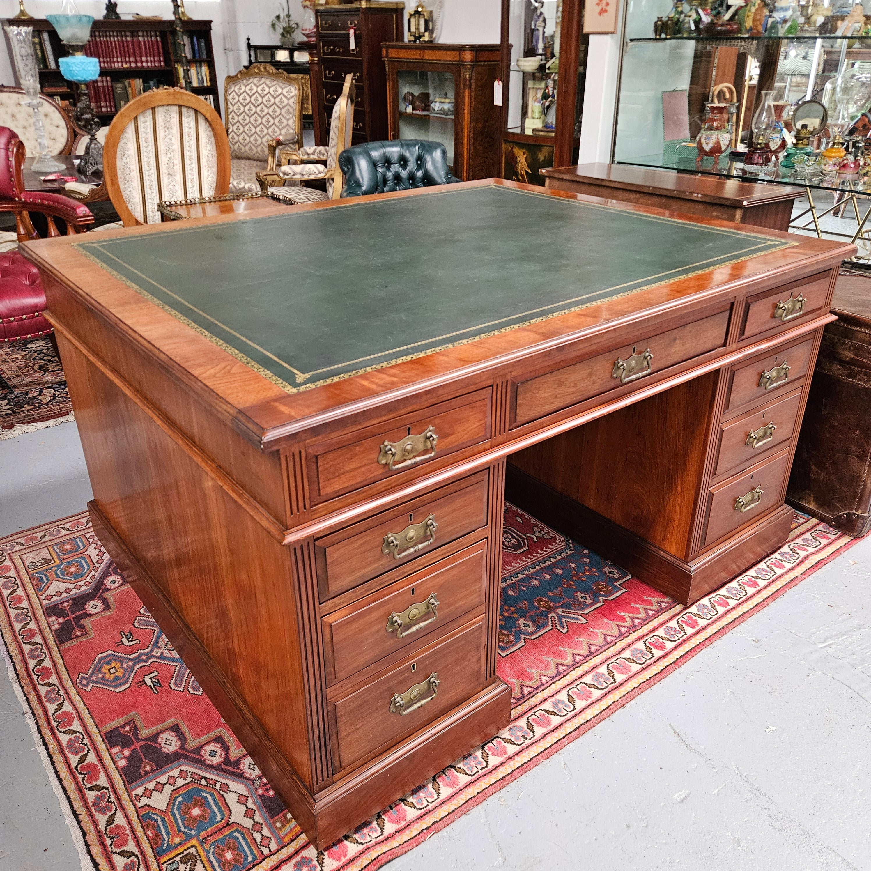 Edwardian Walnut Full Partners Desk With Leather Top | Antique & Vintage | Moonee Ponds Antiques | Australia Wide Delivery