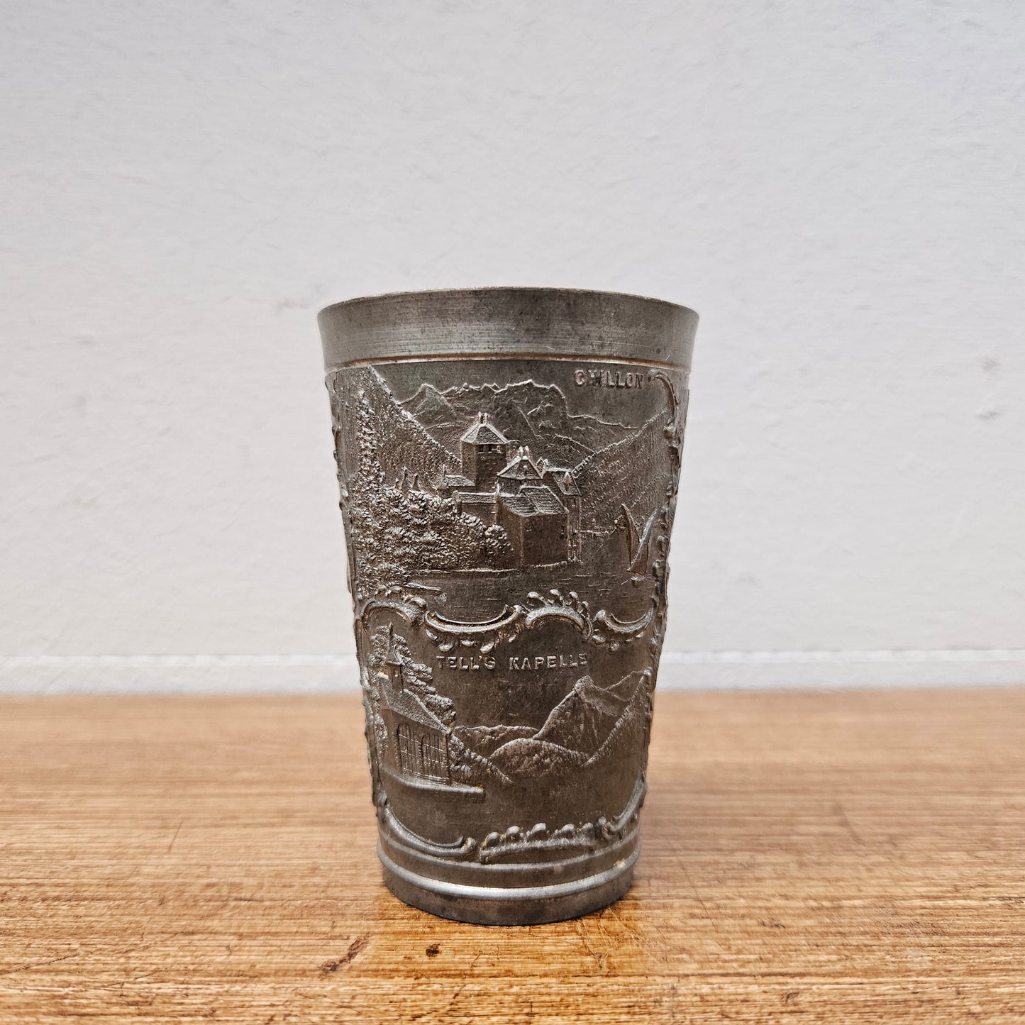 Antique Swiss Pewter Decorated Wine Cup