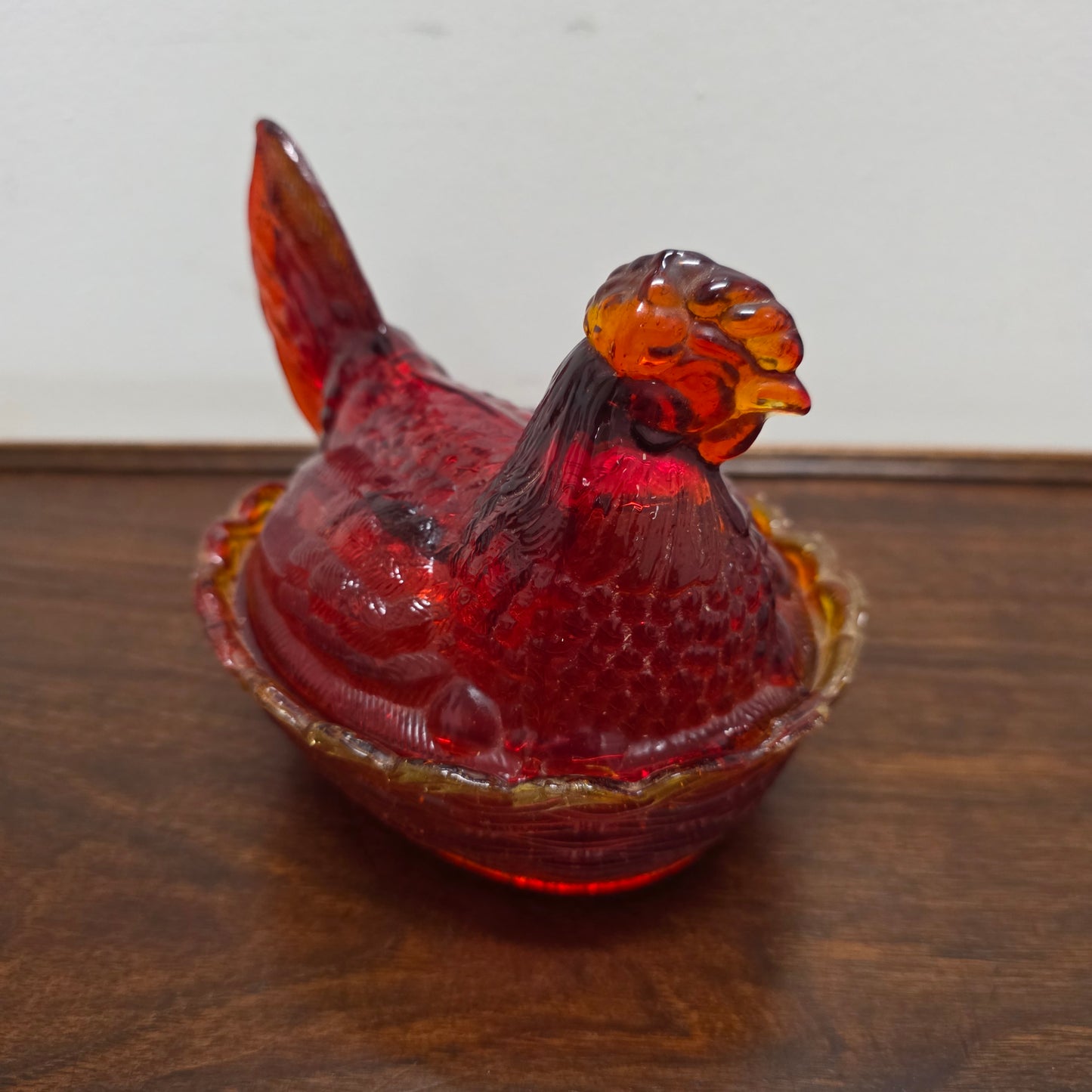 Vintage Amberina Glass Hen on Nest