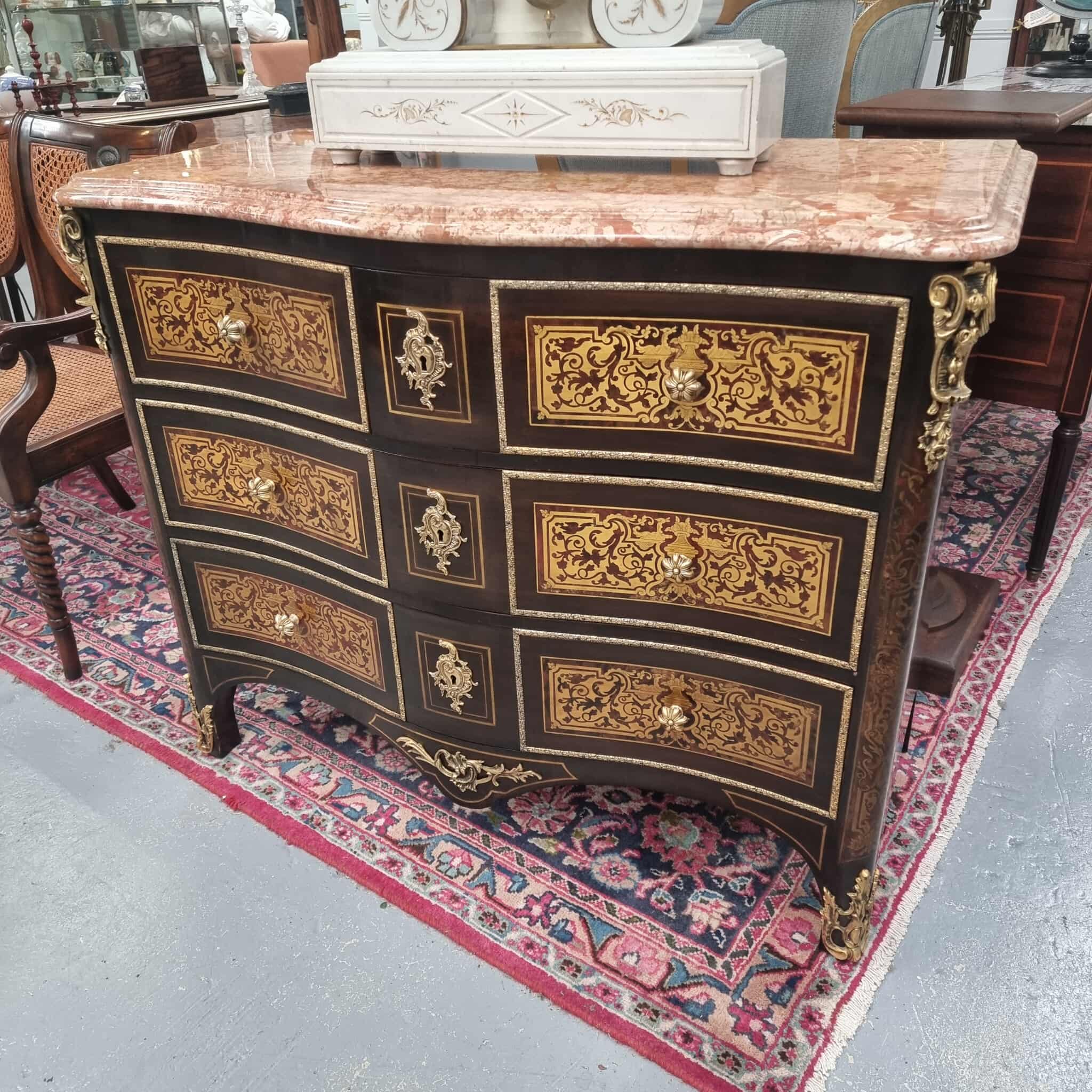 Louis XVI Style Boulle Marble Top Commode in Ebony | Antique & Vintage | Moonee Ponds Antiques | Australia Wide Delivery