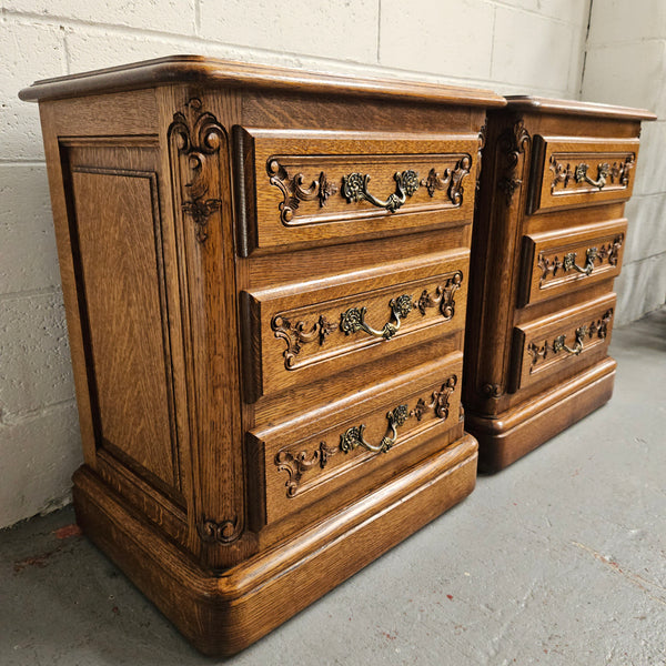 Hard to find Louis XVI style French Oak bedsides with three drawers and lovely carvings. They are in good original detailed condition. 