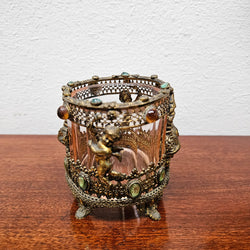 Vintage Brass Filigree Cherub & Stone Decorated Jar With Pink Glass Pin Holder | Antique & Vintage | Moonee Ponds Antiques | Australia Wide Delivery