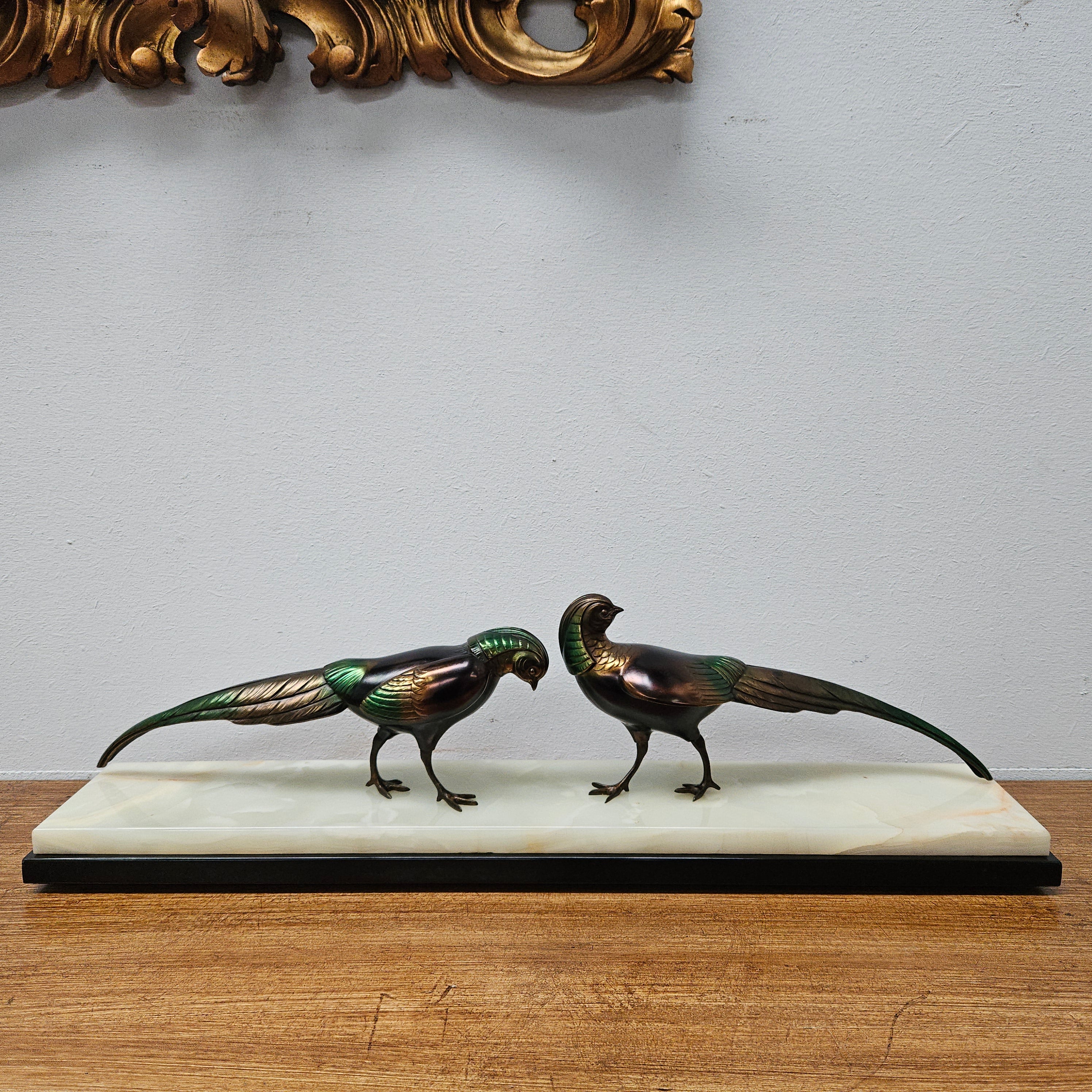 French Art Deco Pair Of Spelter Pheasants On A Marble Plinth | Antique & Vintage | Moonee Ponds Antiques | Australia Wide Delivery