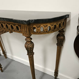 French Louis 16th Style Gilt & Black Marble Top Console Table