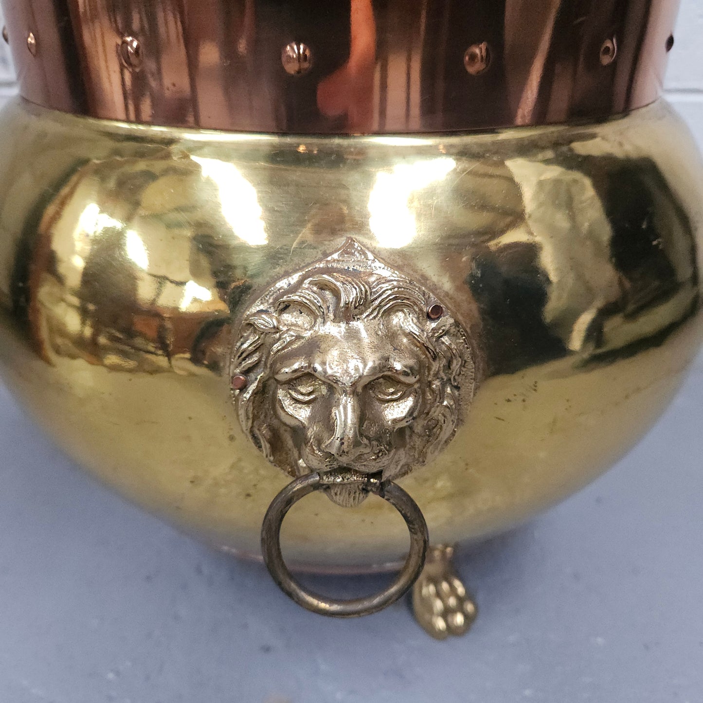 French Brass and Copper Lion Head Jardinière