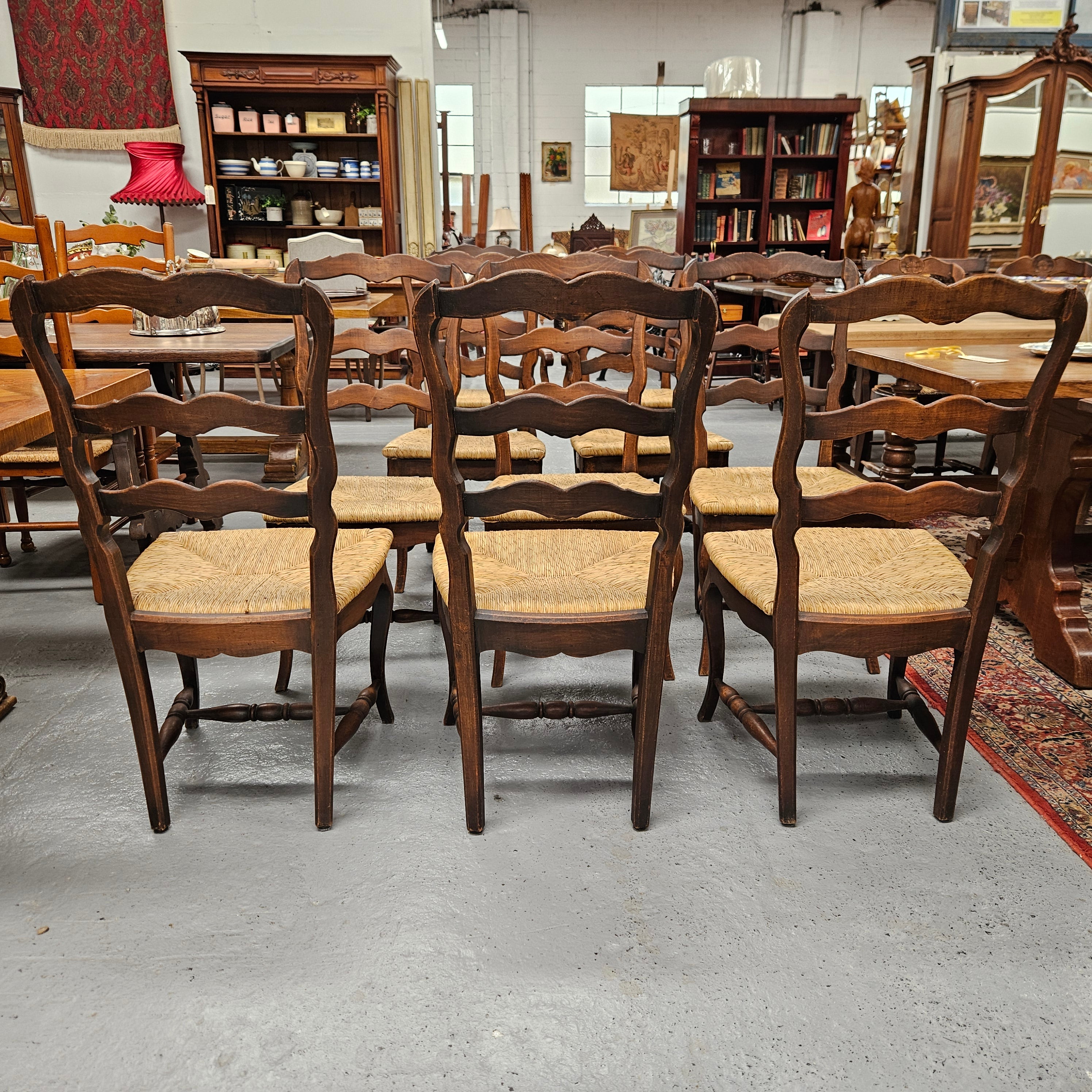 Set of Ten French Oak Rush Seats 8 Dining Chairs & 2 Carvers | Antique & Vintage | Moonee Ponds Antiques | Australia Wide Delivery