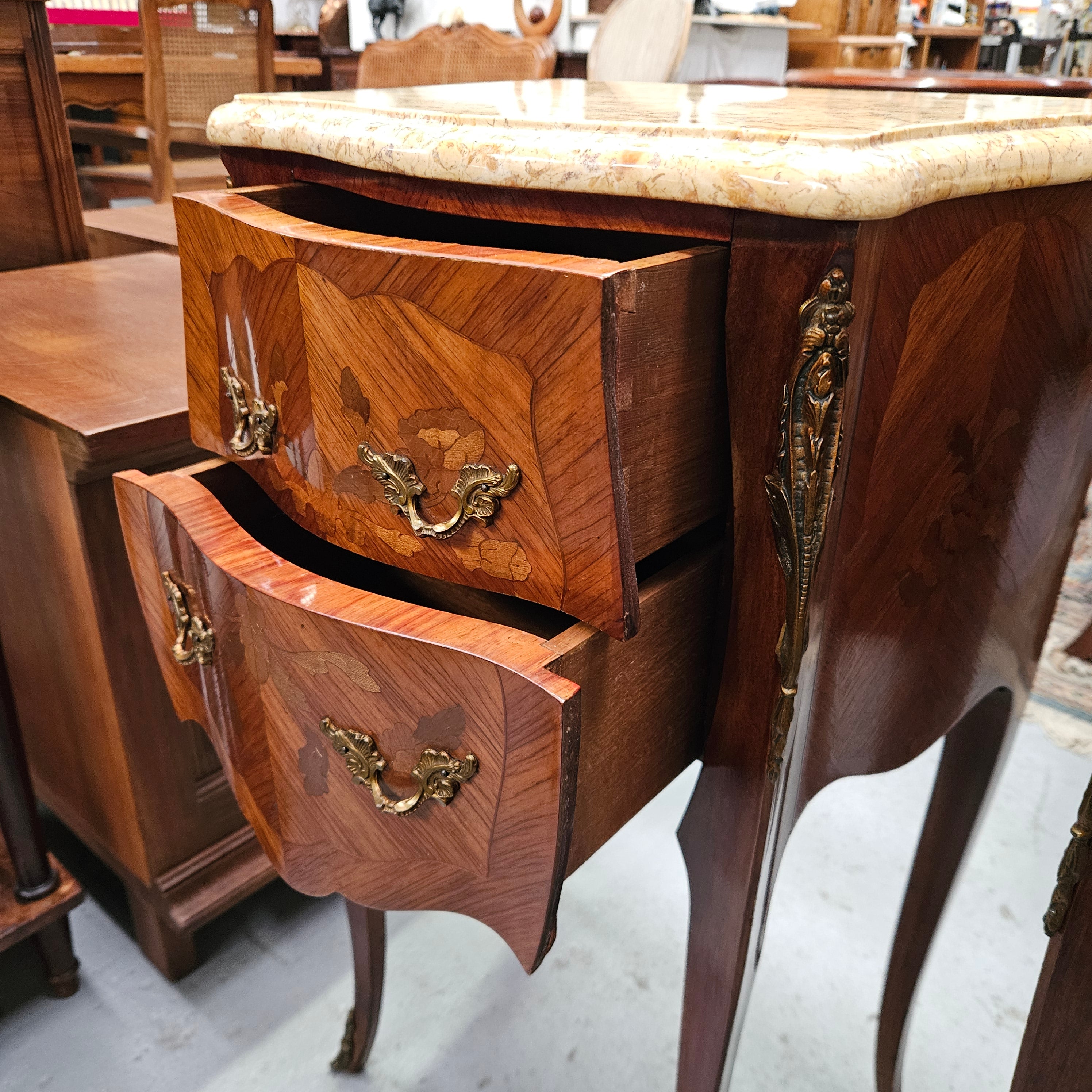 Elegant Pair of Louis XV Style Marble Top Bedsides | Antique & Vintage | Moonee Ponds Antiques | Australia Wide Delivery