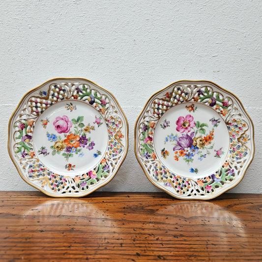 Pair Schumann Dresden Reticulated Hand Painted Plates