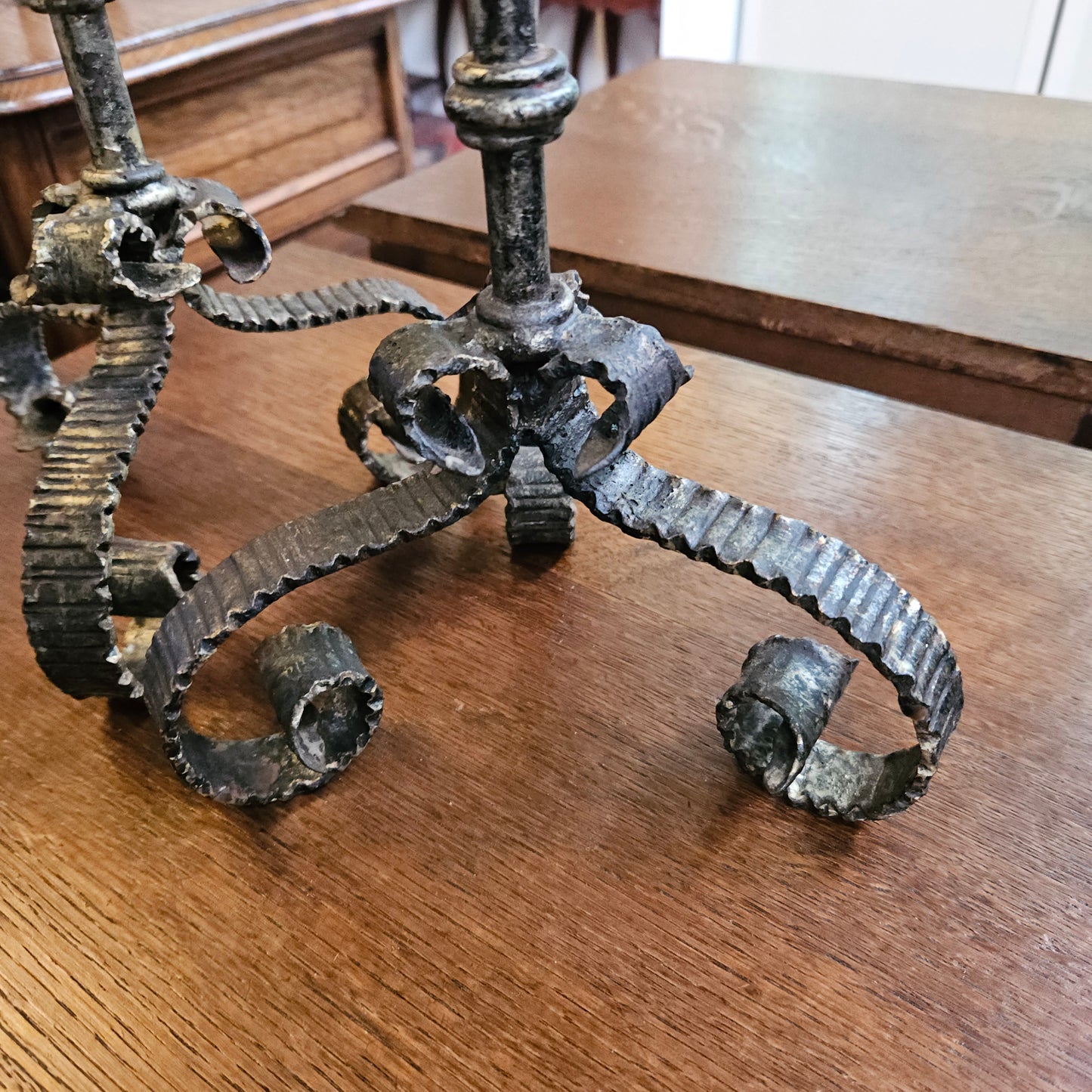 Rustic Pair of Wrought Iron Candlesticks