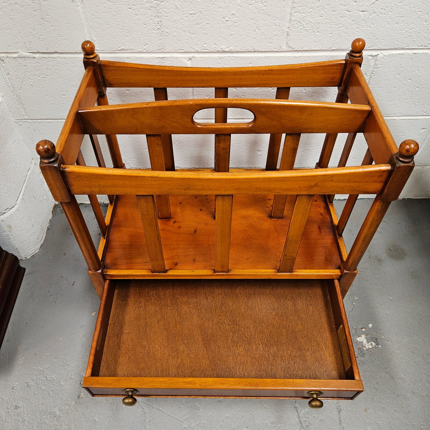 Vintage English Yew Canterbury Newspaper Stand on Brass Wheels