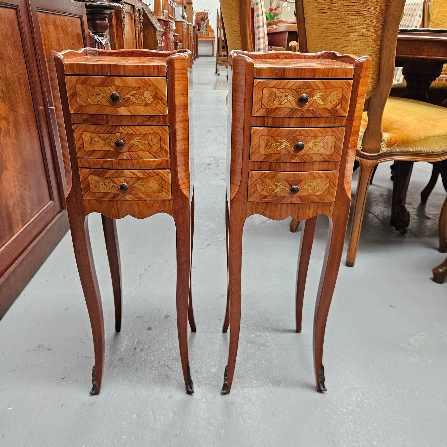 Miniature Pair of Marquetry Inlaid Louis XV Style Bedsides