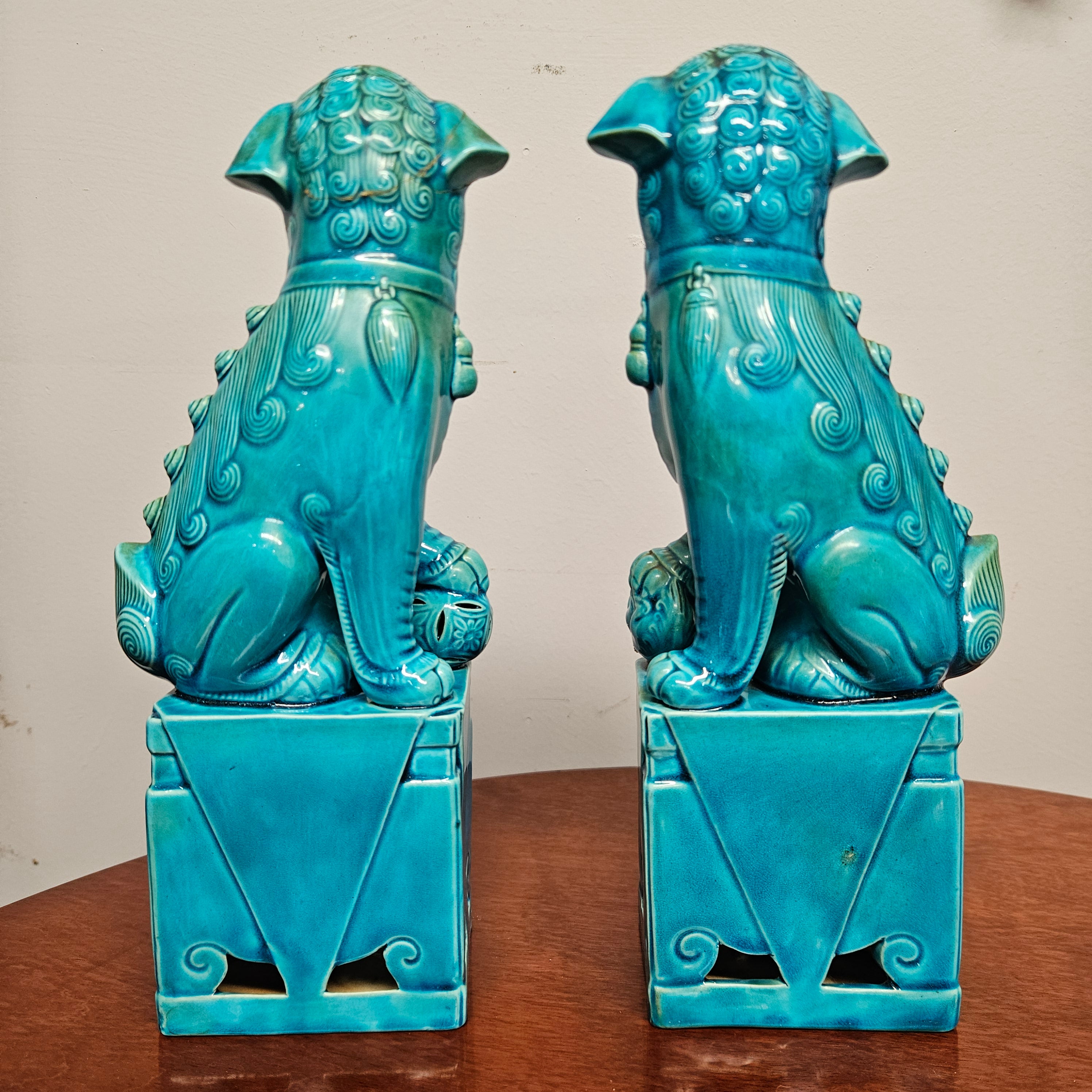 Pair of Vintage Chinese Turquoise Glazed Guardian Foo Dogs