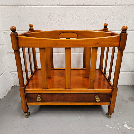 Vintage English Yew Canterbury Newspaper Stand on Brass Wheels