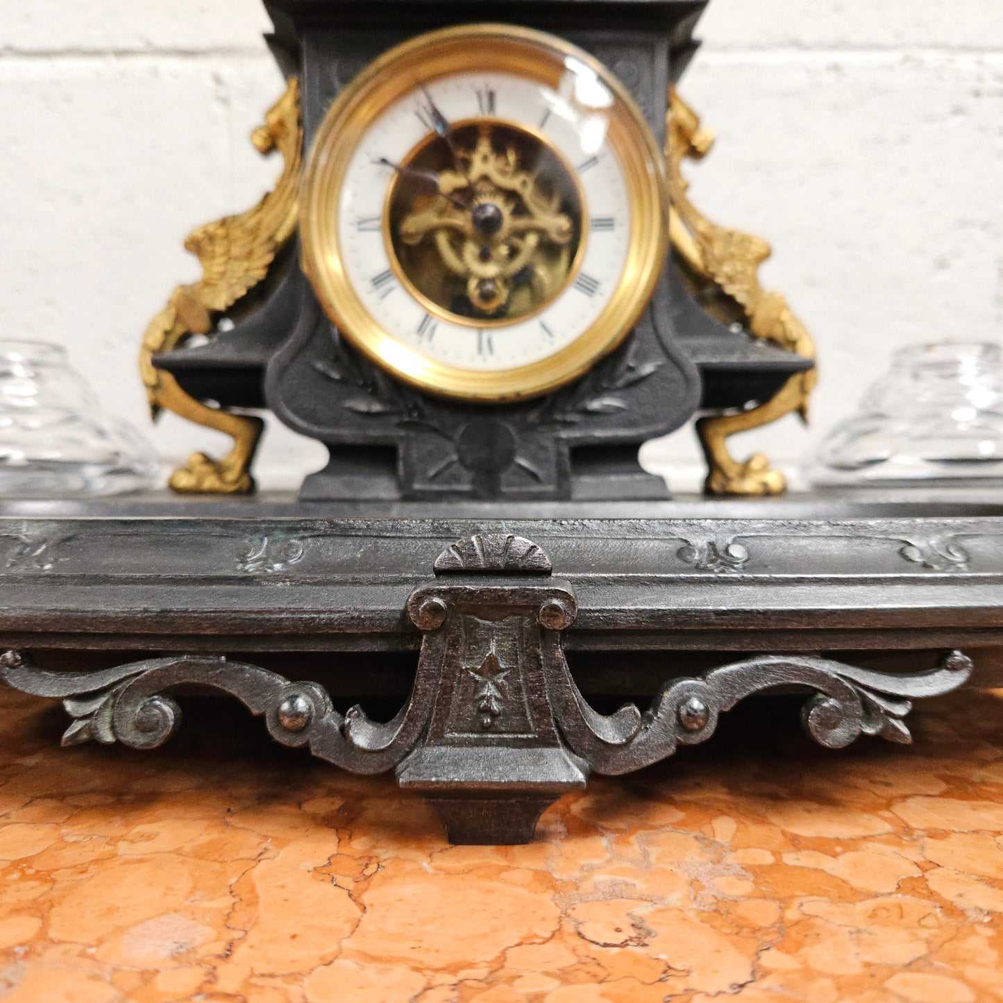 French Desk Clock With Inkwells