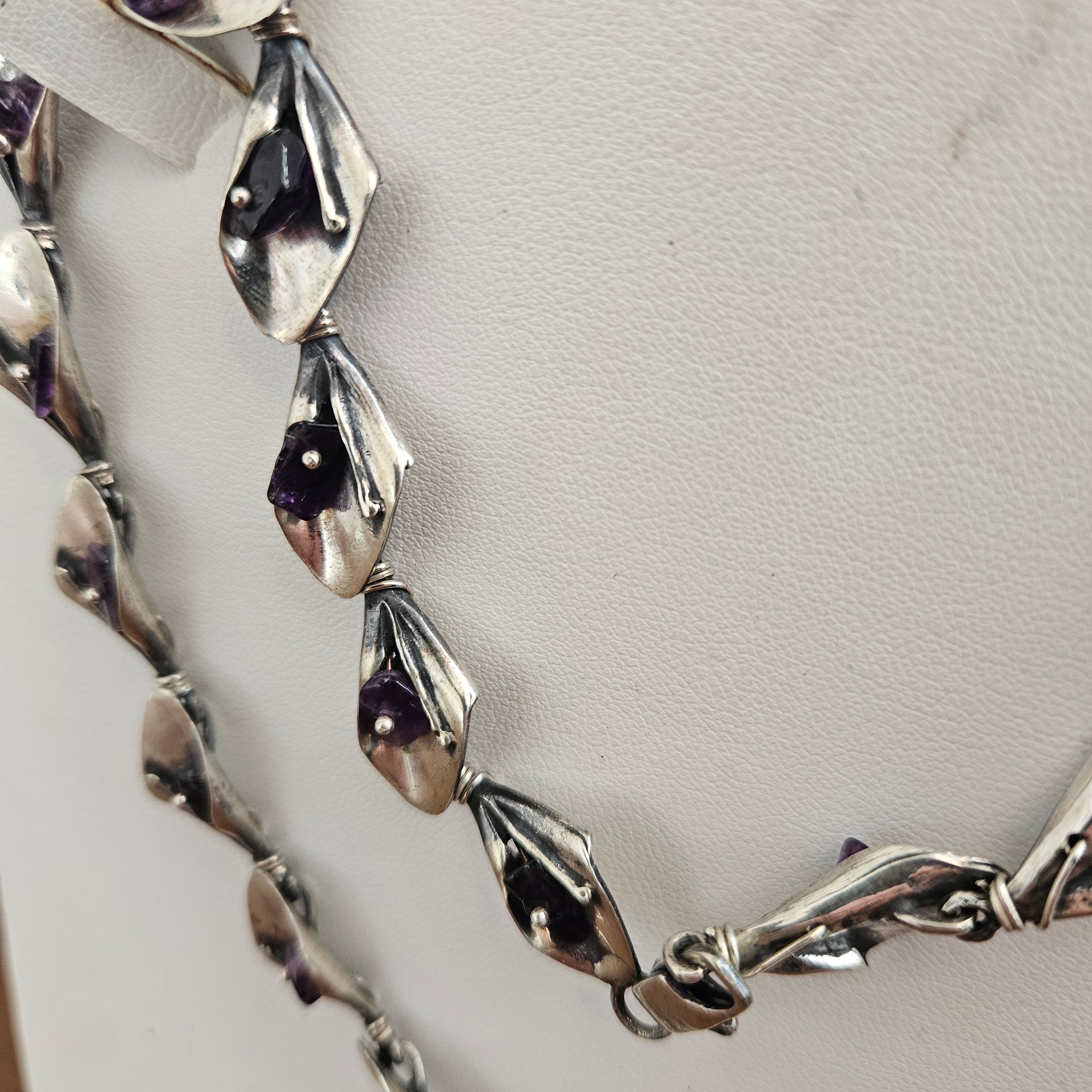 Vintage Sterling Silver Leaf Link And Amethyst Necklace