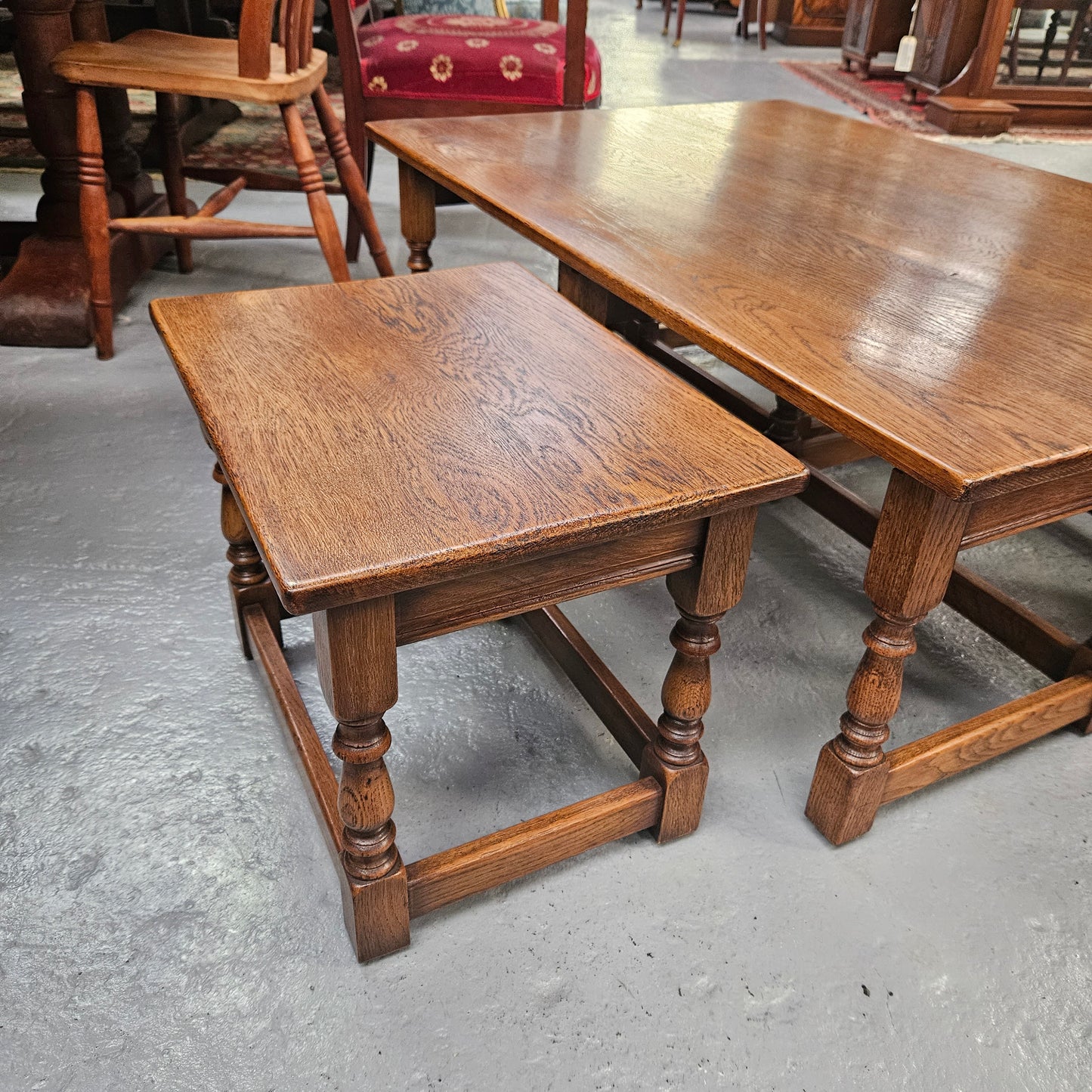 Large Period Style French Oak Coffee Table With Two Pull Out Side Tables