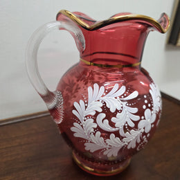 Vintage Ruby & Enamel Painted Glass Jug