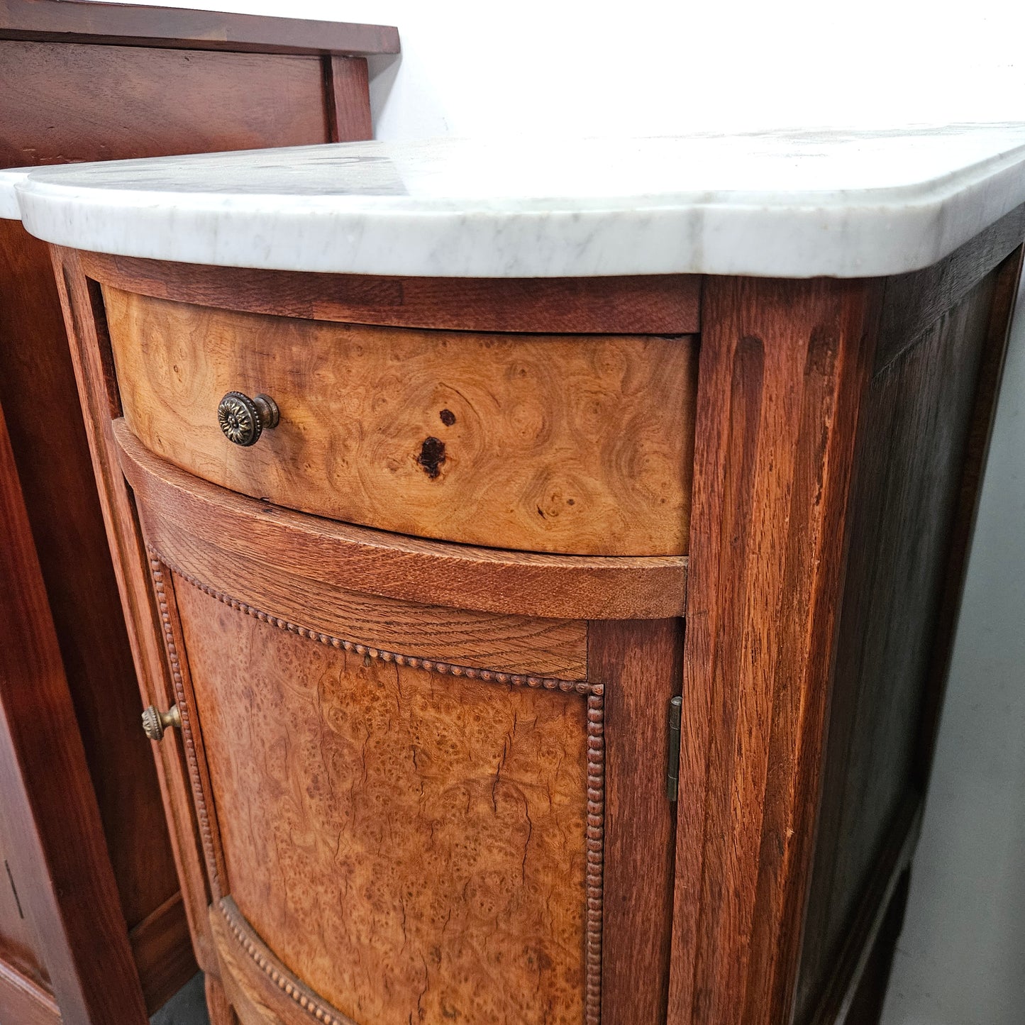 French Figured Burr Walnut & Oak Marble Top Bedside Cabinet