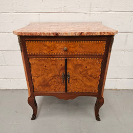 French Burr Walnut & Walnut Marble Top Side Cabinet