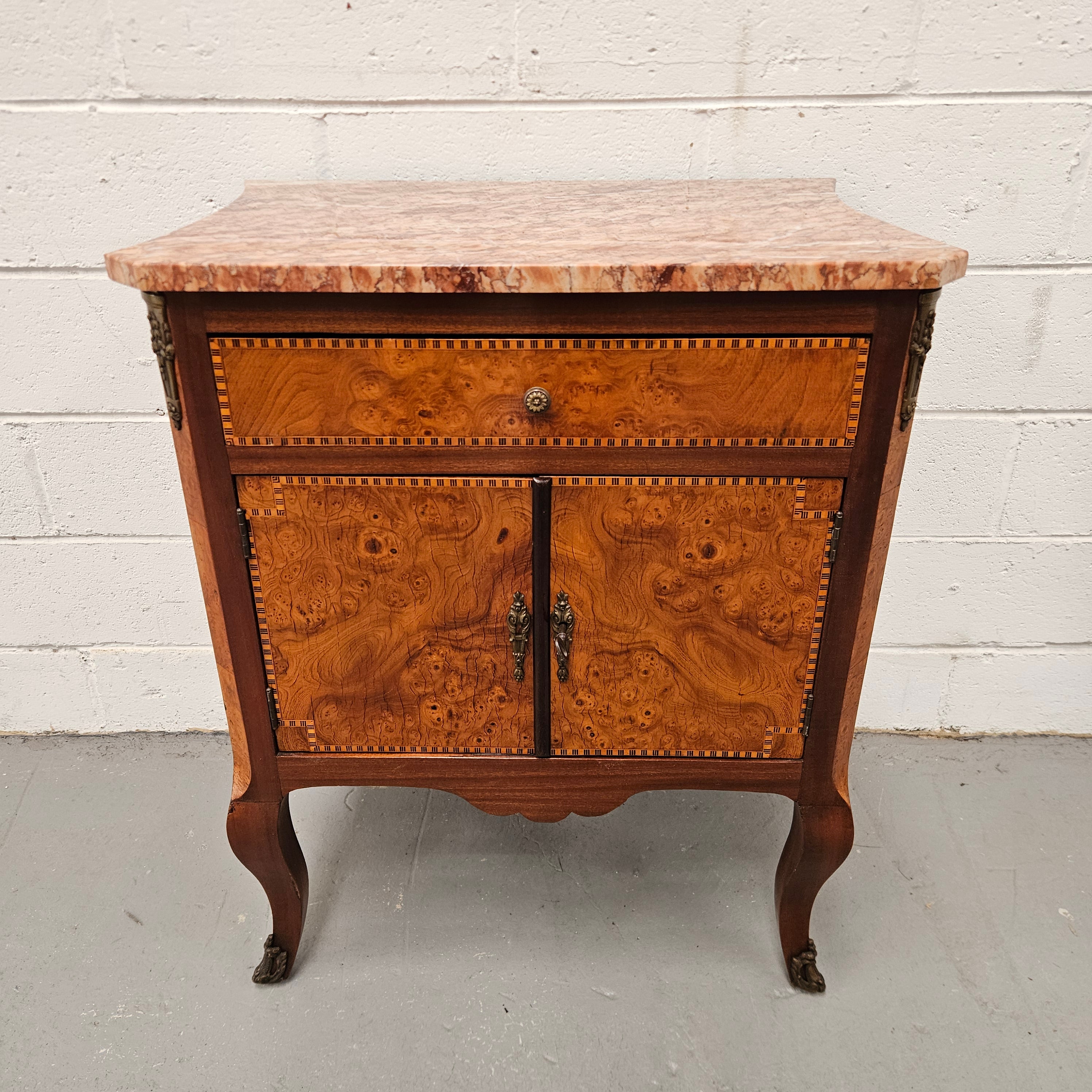 French Burr Walnut & Walnut Marble Top Side Cabinet