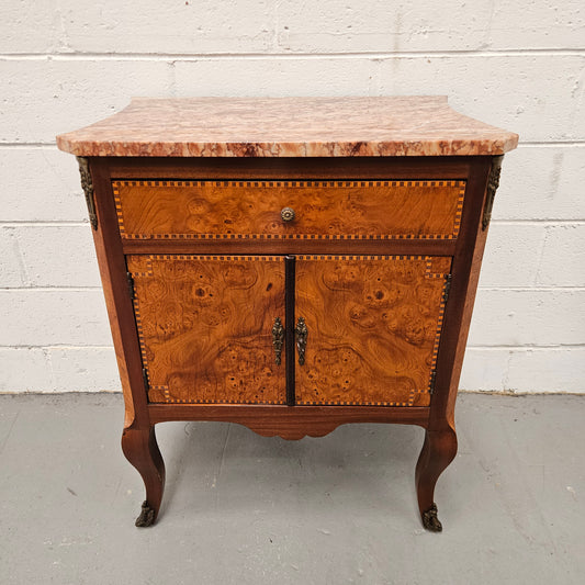 French Burr Walnut & Walnut Marble Top Side Cabinet