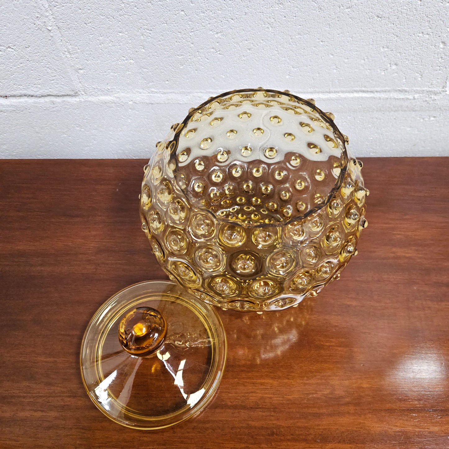 Mid-Century Amber Modern Hobnail Glass Container