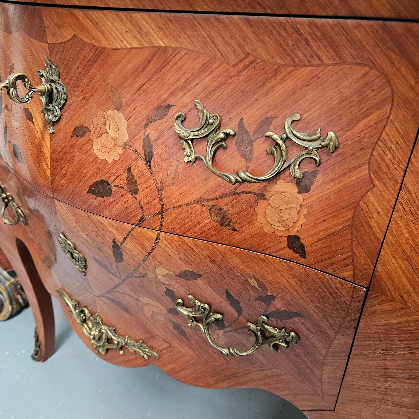 Louis 15th Style Medium Size Marquetry Inlay Marble Top Commode.