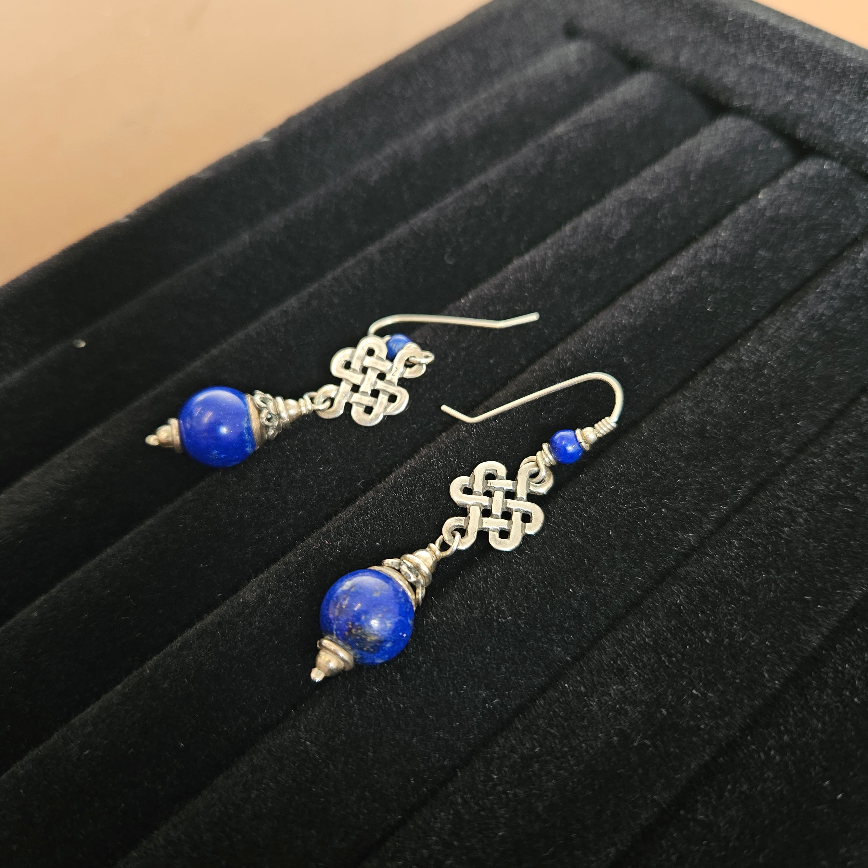 Celtic Design Lapis Lazuli Silver Drop Earrings