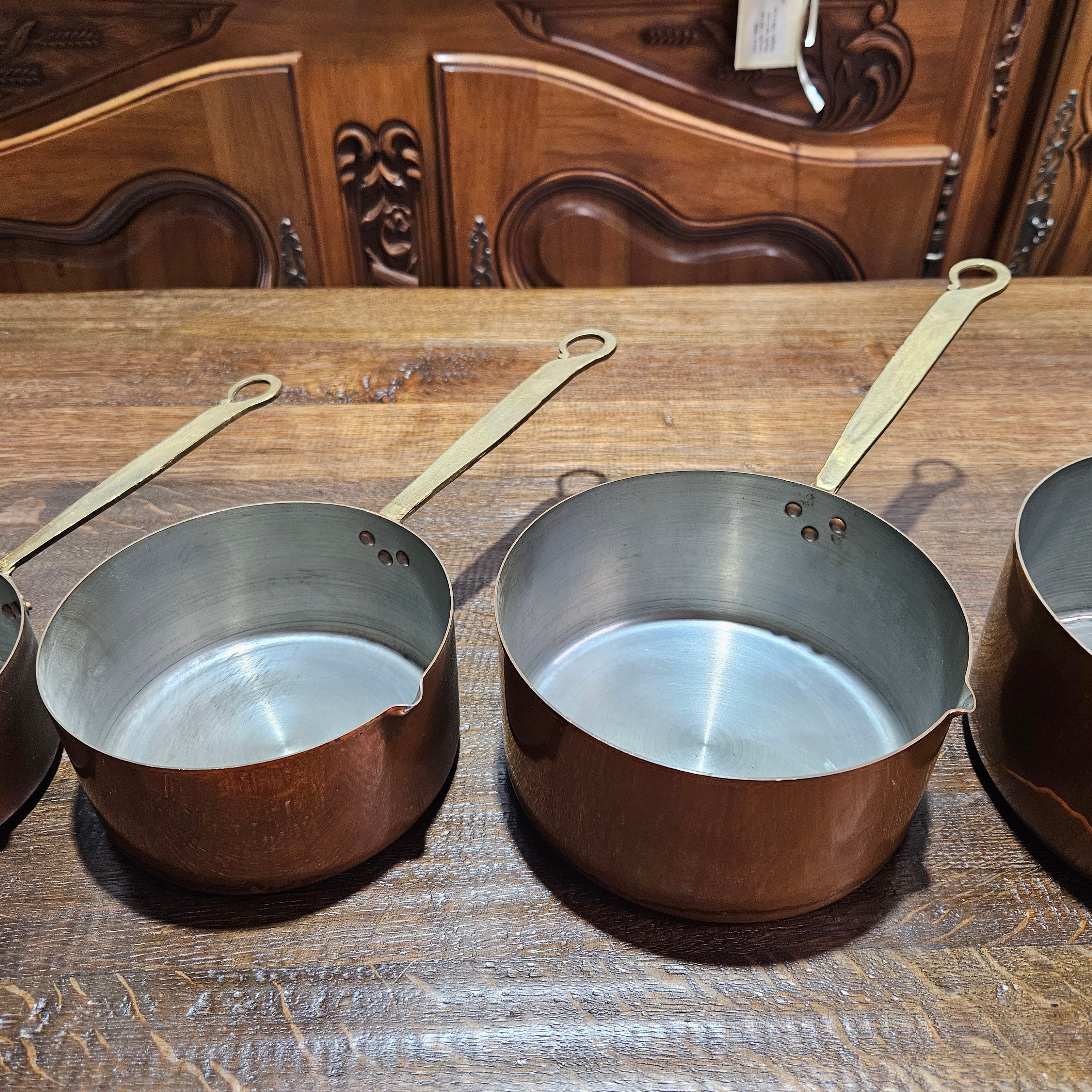Set of Five French Copper Saucepans With Pouring Spout