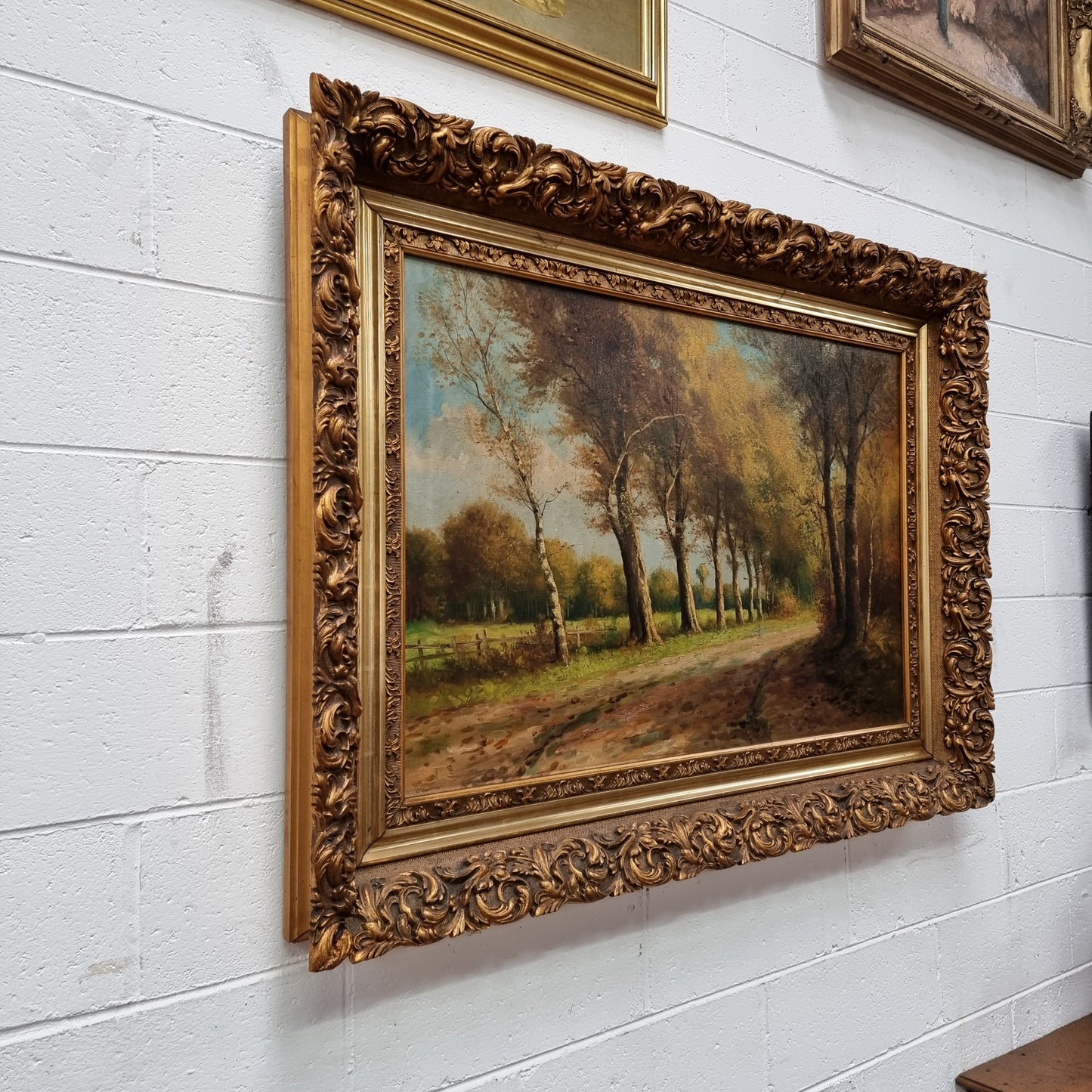 Sourced from France Signed Oil on Canvas Country Tree Scene In Ornate Gilt Frame