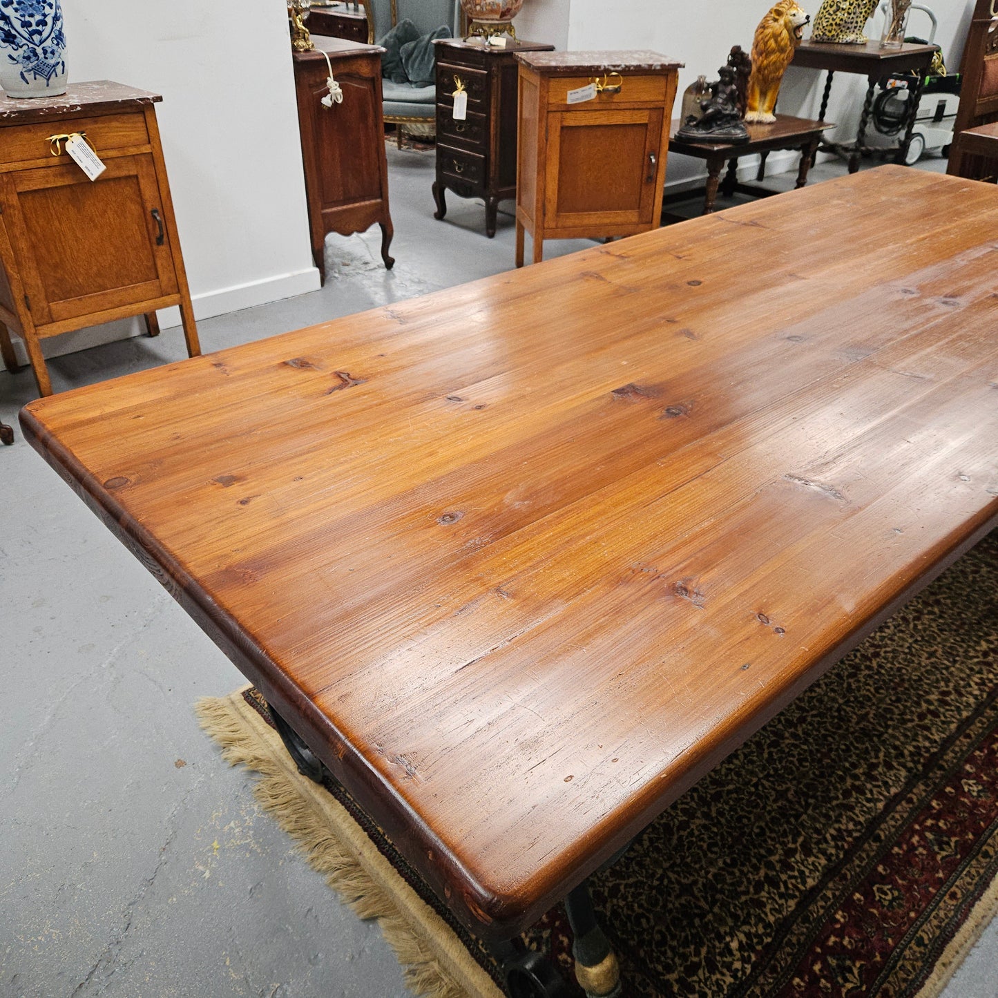 Vintage Fruitwood Spanish Style Refectory Table With Cast Iron Base