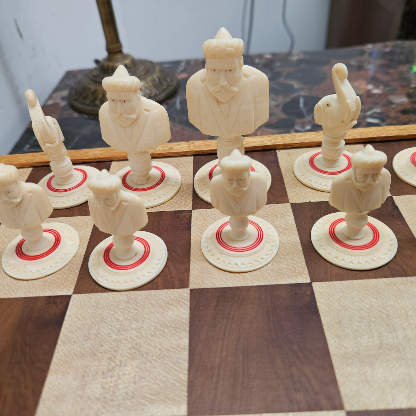 Antique Carved & Stained Ivory Chess Set