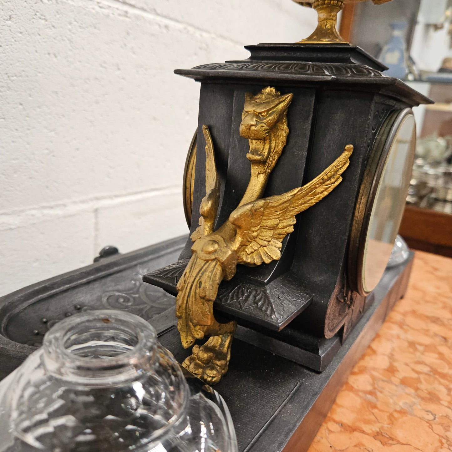 French Desk Clock With Inkwells