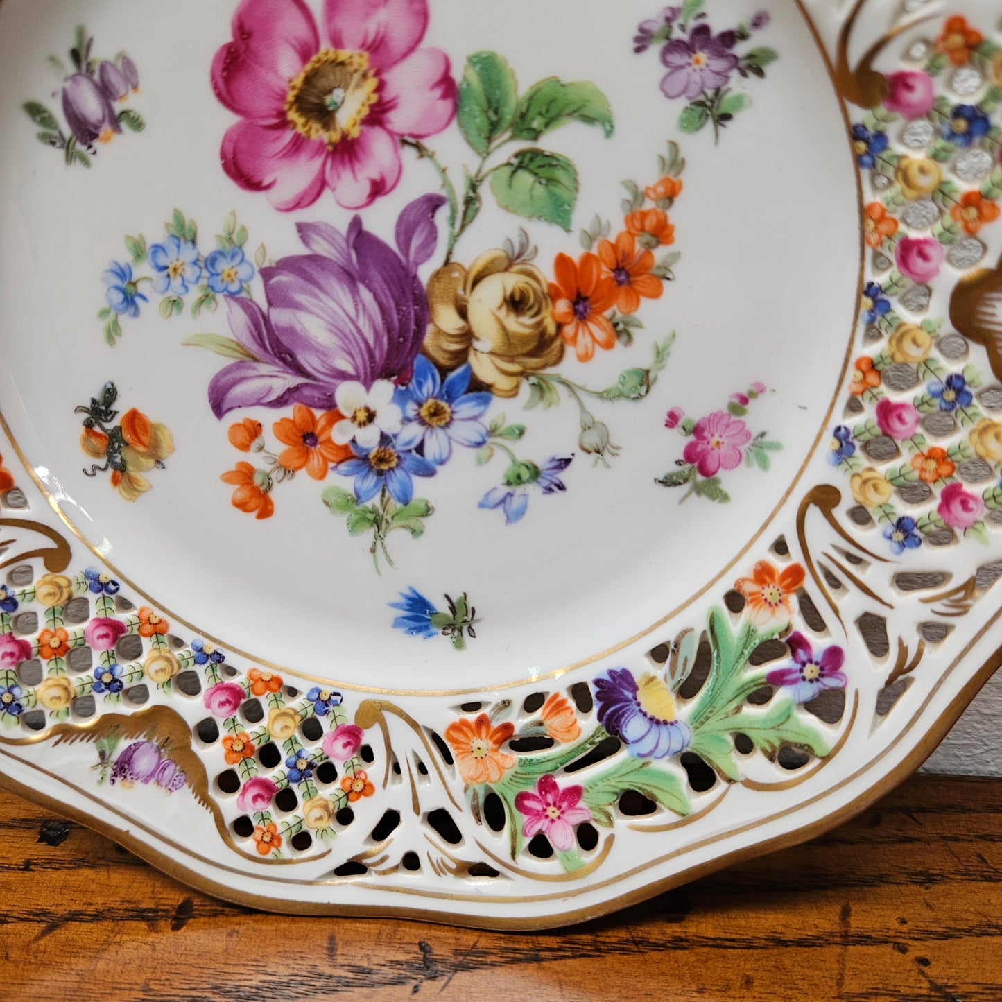 Pair Schumann Dresden Reticulated Hand Painted Plates