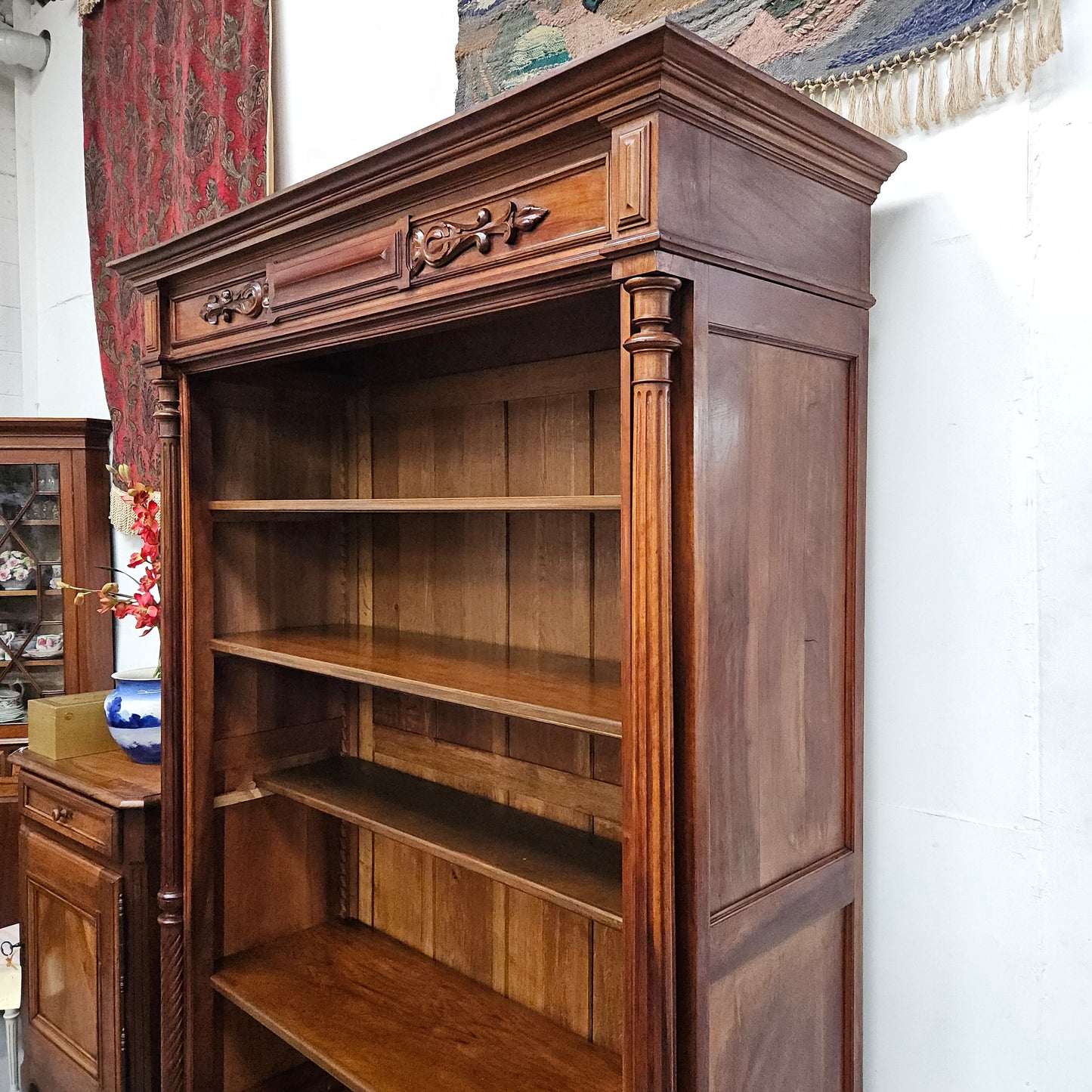 Henry 2nd Style 19th Century Walnut Open Bookcase With Drawer