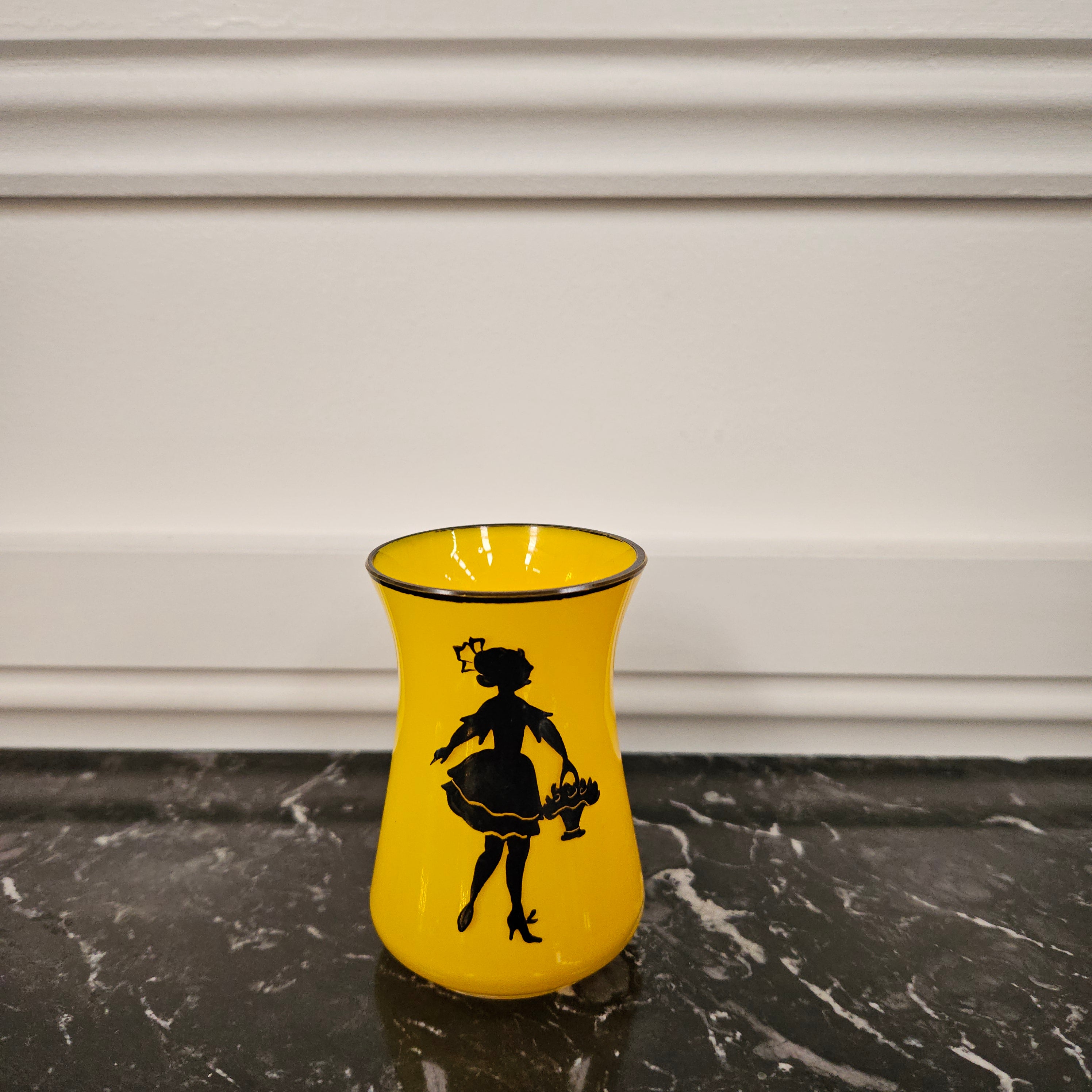 Deco Czech Yellow Tango Glass With Black Enamel Figure | Antique & Vintage | Moonee Ponds Antiques | Australia Wide Delivery