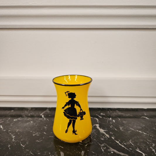 Deco Czech Yellow Tango Glass With Black Enamel Figure
