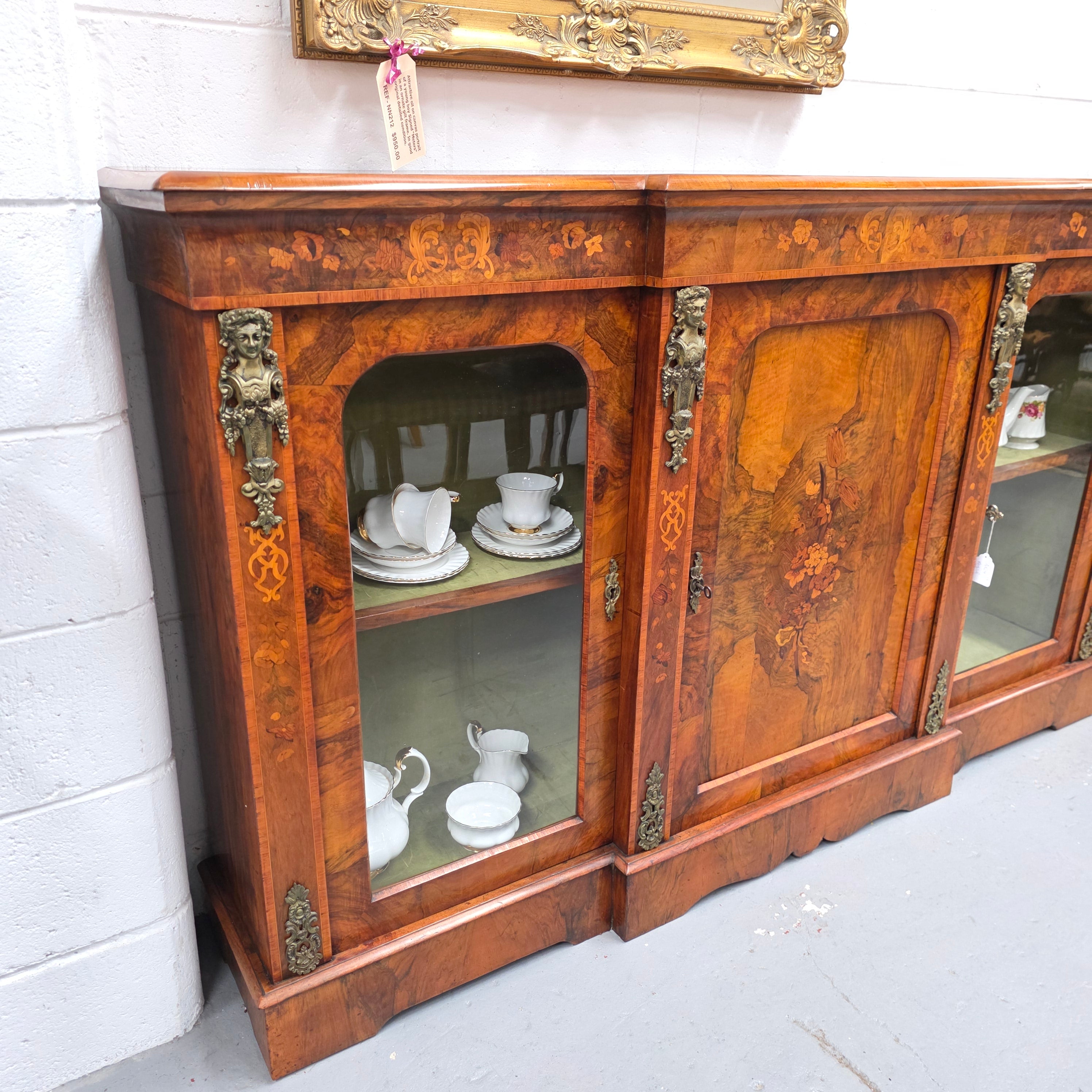 Outstanding Burr Walnut & Marquetry Antique Bookcase Credenza | Antique & Vintage | Moonee Ponds Antiques | Australia Wide