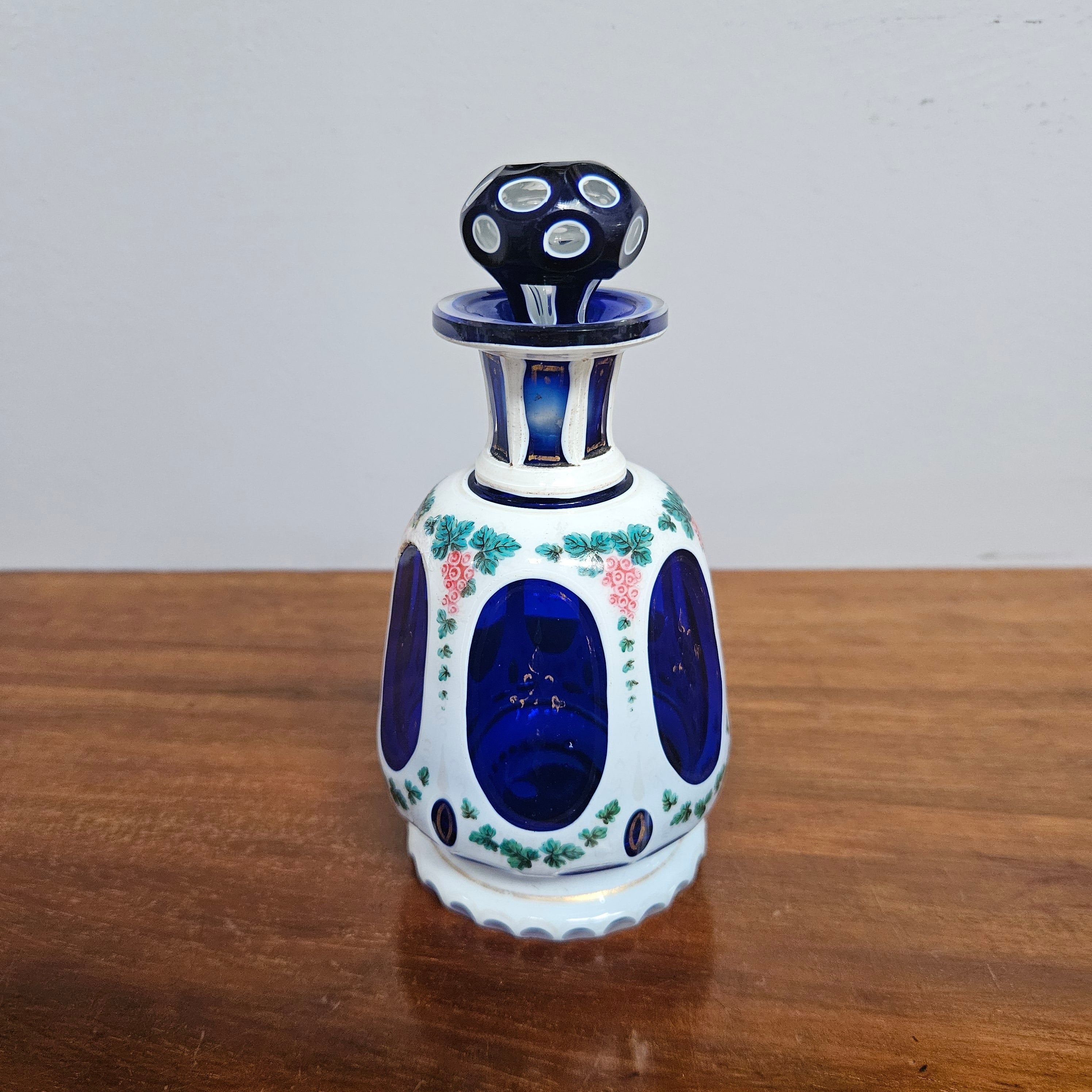 Antique Bohemian Cobalt Overlay Milk Glass Perfume Bottle